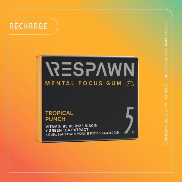 RESPAWN By 5 Mental Focus Gum  Pomegranate Watermelon  SugarFree Chewing Gum  For Gamers By Gamers  10 Packs  150 SticksTropical Punch