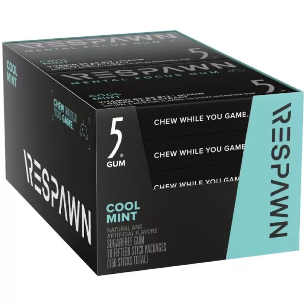 RESPAWN By 5 Mental Focus Gum  Pomegranate Watermelon  SugarFree Chewing Gum  For Gamers By Gamers  10 Packs  150 SticksCool Mint