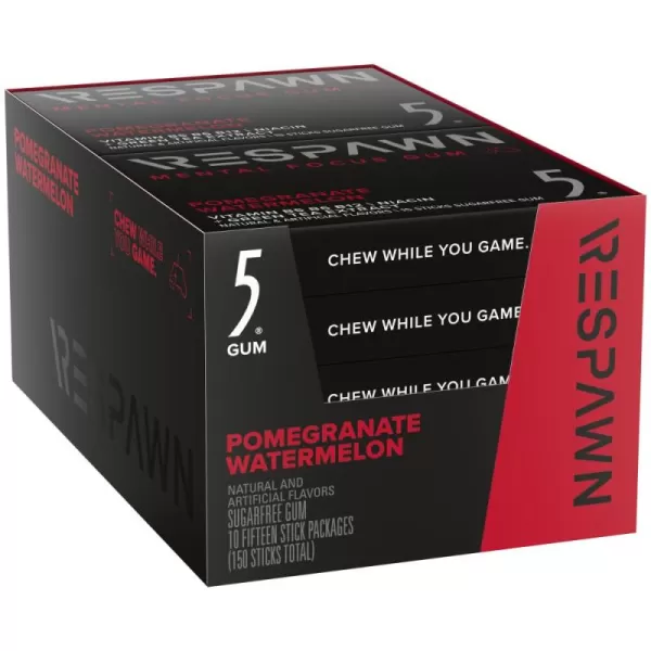 RESPAWN By 5 Mental Focus Gum  Pomegranate Watermelon  SugarFree Chewing Gum  For Gamers By Gamers  10 Packs  150 SticksPomegranate Watermelon
