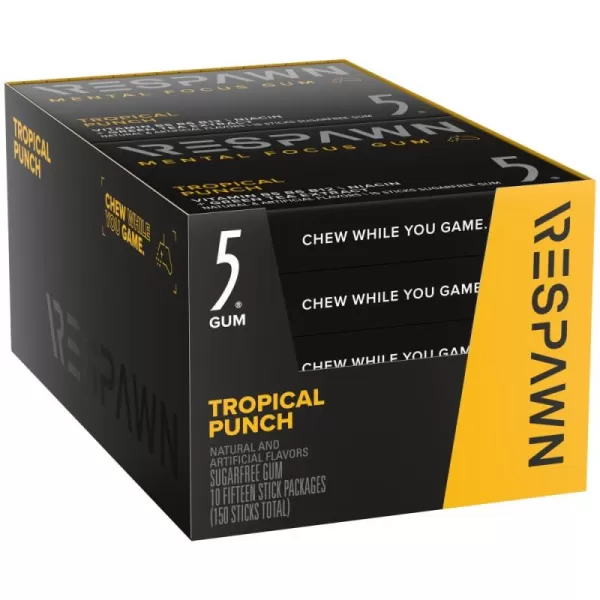 RESPAWN By 5 Mental Focus Gum  Pomegranate Watermelon  SugarFree Chewing Gum  For Gamers By Gamers  10 Packs  150 SticksTropical Punch