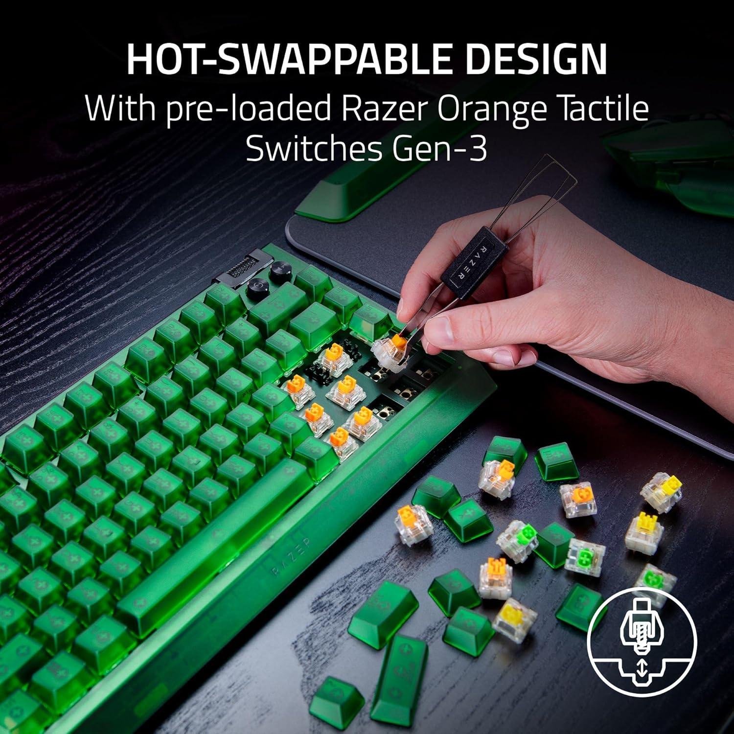 imageRazer BlackWidow V4 75 Mechanical Gaming Keyboard HotSwappable Design  Compact ampamp Durable  Orange Tactile Switches  Chroma RGB  MF Roller ampamp Media Keys  Comfortable Wrist Rest  Phantom Green