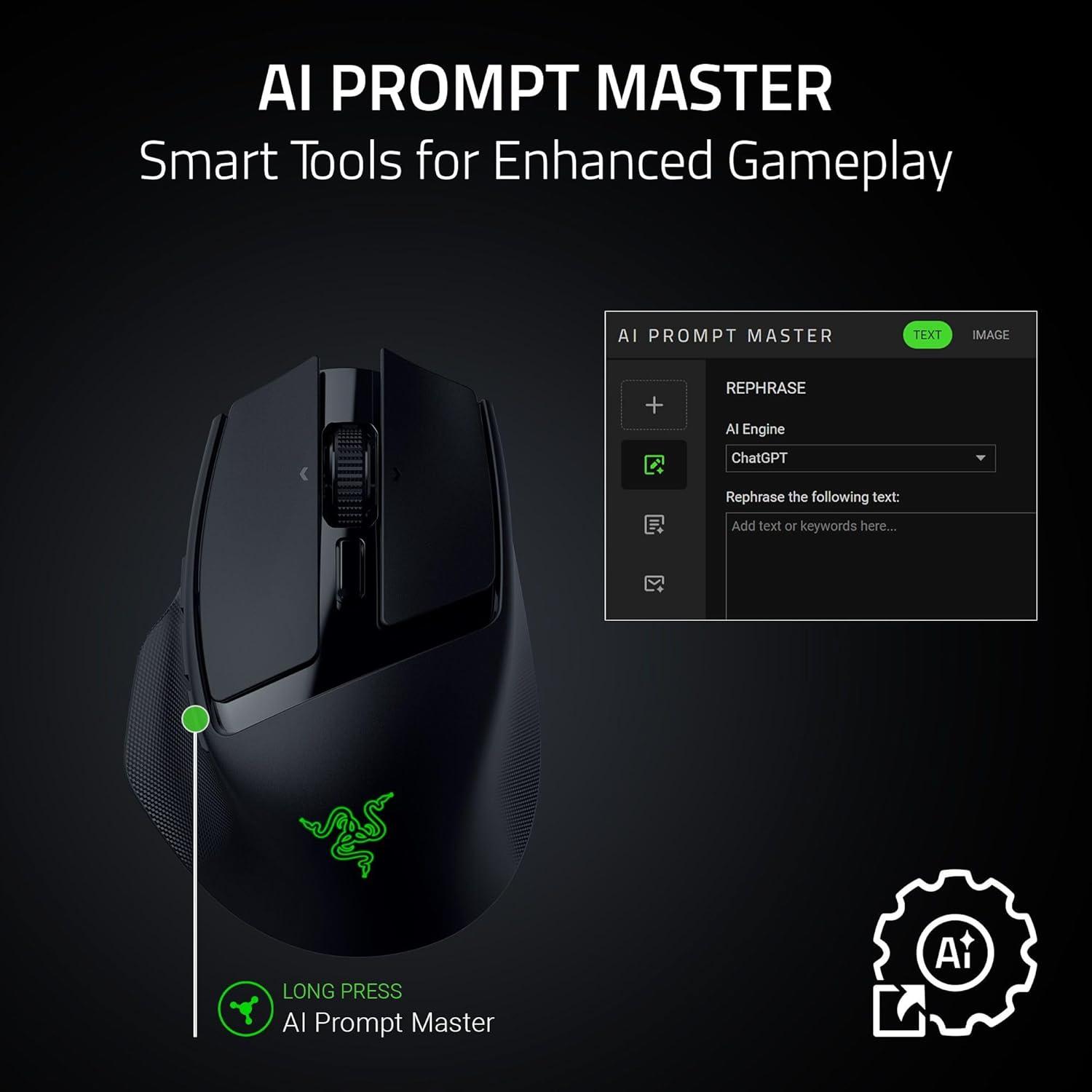 imageRazer Basilisk Mobile Portable Ergonomic Wireless Gaming Mouse 10 Programmable Controls HyperScroll  Optical Switches Gen3  Long Battery Life  AI Prompt  24 GHz Bluetooth USB C