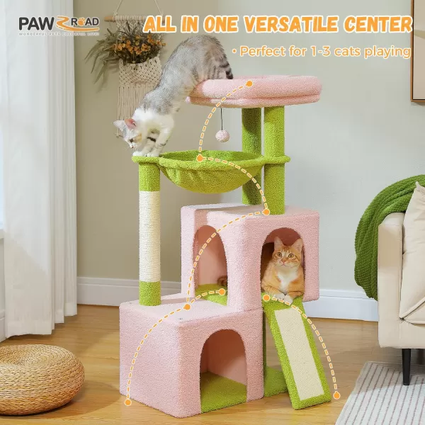 PAWZ Road Cat Tree 30 Inches Cat Tower with Dual Condos for Indoor Cats Plush Cat House with Padded Perch Scratching Ramp and Posts and Replaceable BallsBeigePink