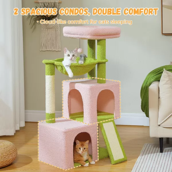 PAWZ Road Cat Tree 30 Inches Cat Tower with Dual Condos for Indoor Cats Plush Cat House with Padded Perch Scratching Ramp and Posts and Replaceable BallsBeigePink