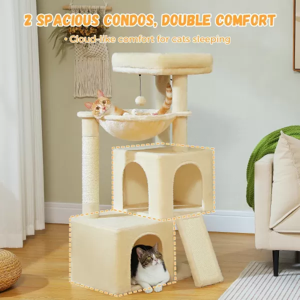 PAWZ Road Cat Tree 30 Inches Cat Tower with Dual Condos for Indoor Cats Plush Cat House with Padded Perch Scratching Ramp and Posts and Replaceable BallsBeigeBeige