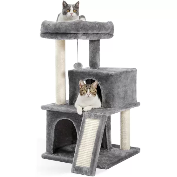 PAWZ Road Cat Tree 30 Inches Cat Tower with Dual Condos for Indoor Cats Plush Cat House with Padded Perch Scratching Ramp and Posts and Replaceable BallsBeigeGray