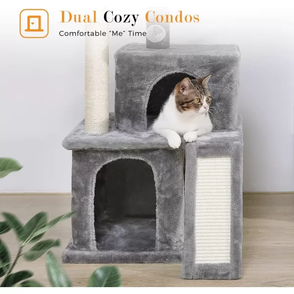 PAWZ Road Cat Tree 30 Inches Cat Tower with Dual Condos for Indoor Cats Plush Cat House with Padded Perch Scratching Ramp and Posts and Replaceable BallsBeigeGray