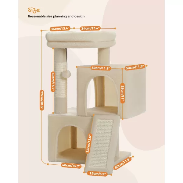 PAWZ Road Cat Tree 30 Inches Cat Tower with Dual Condos for Indoor Cats Plush Cat House with Padded Perch Scratching Ramp and Posts and Replaceable BallsBeigeBeige