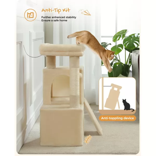 PAWZ Road Cat Tree 30 Inches Cat Tower with Dual Condos for Indoor Cats Plush Cat House with Padded Perch Scratching Ramp and Posts and Replaceable BallsBeigeBeige