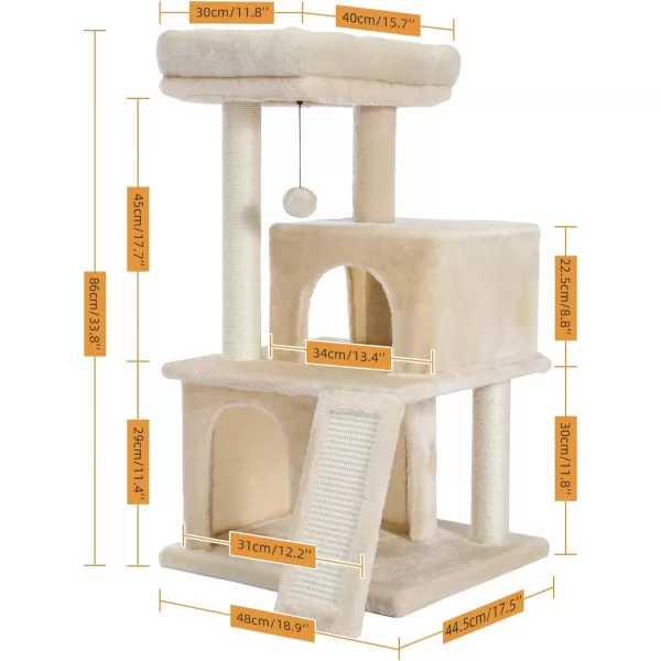 PAWZ Road Cat Tree 30 Inches Cat Tower with Dual Condos for Indoor Cats Plush Cat House with Padded Perch Scratching Ramp and Posts and Replaceable BallsBeigeBeige