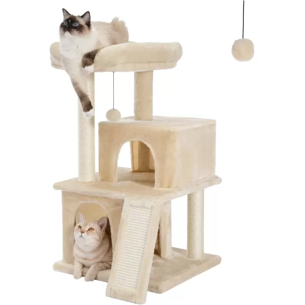 PAWZ Road Cat Tree 30 Inches Cat Tower with Dual Condos for Indoor Cats Plush Cat House with Padded Perch Scratching Ramp and Posts and Replaceable BallsBeigeBeige