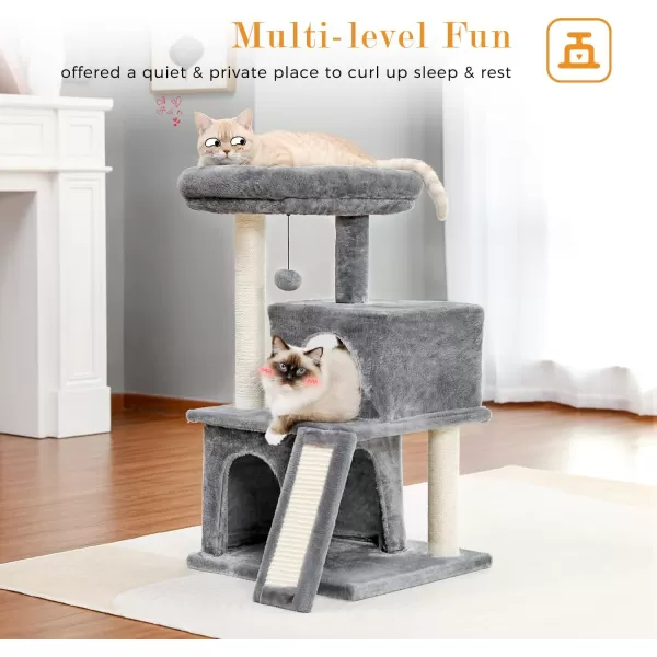 PAWZ Road Cat Tree 30 Inches Cat Tower with Dual Condos for Indoor Cats Plush Cat House with Padded Perch Scratching Ramp and Posts and Replaceable BallsBeigeGray