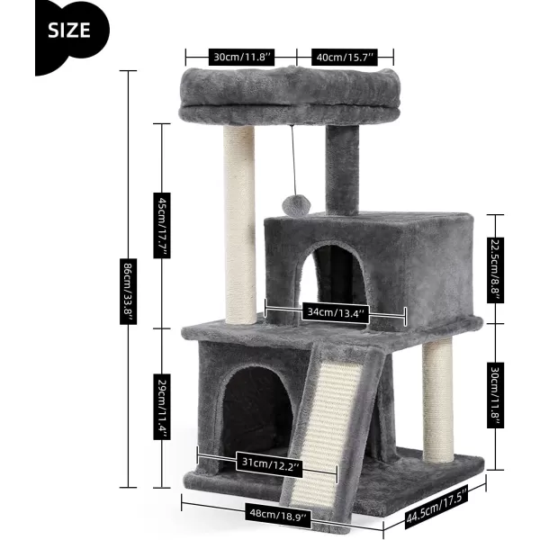 PAWZ Road Cat Tree 30 Inches Cat Tower with Dual Condos for Indoor Cats Plush Cat House with Padded Perch Scratching Ramp and Posts and Replaceable BallsBeigeGray