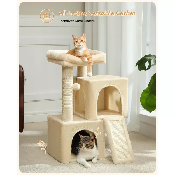 PAWZ Road Cat Tree 30 Inches Cat Tower with Dual Condos for Indoor Cats Plush Cat House with Padded Perch Scratching Ramp and Posts and Replaceable BallsBeigeBeige