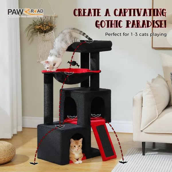 PAWZ Road Cat Tree 30 Inches Cat Tower with Dual Condos for Indoor Cats Plush Cat House with Padded Perch Scratching Ramp and Posts and Replaceable BallsBeigeBlack