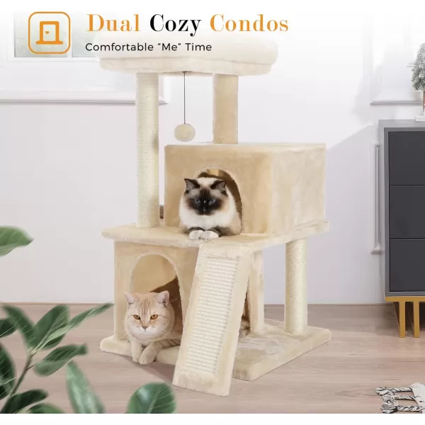 PAWZ Road Cat Tree 30 Inches Cat Tower with Dual Condos for Indoor Cats Plush Cat House with Padded Perch Scratching Ramp and Posts and Replaceable BallsBeigeBeige