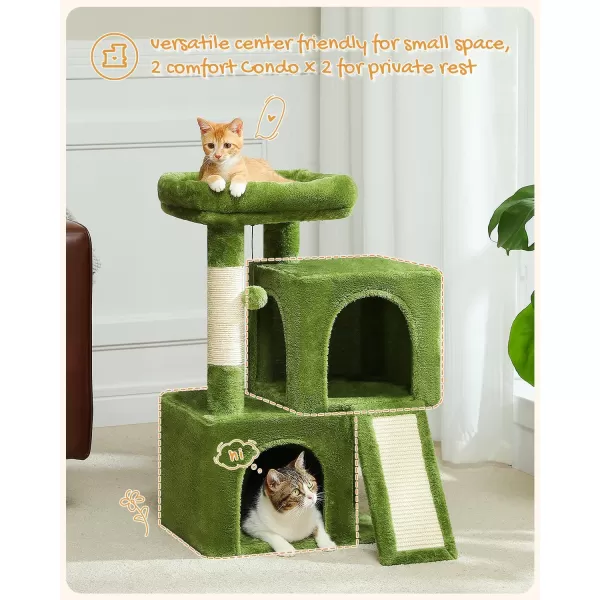 PAWZ Road Cat Tree 30 Inches Cat Tower with Dual Condos for Indoor Cats Plush Cat House with Padded Perch Scratching Ramp and Posts and Replaceable BallsBeigeGreen