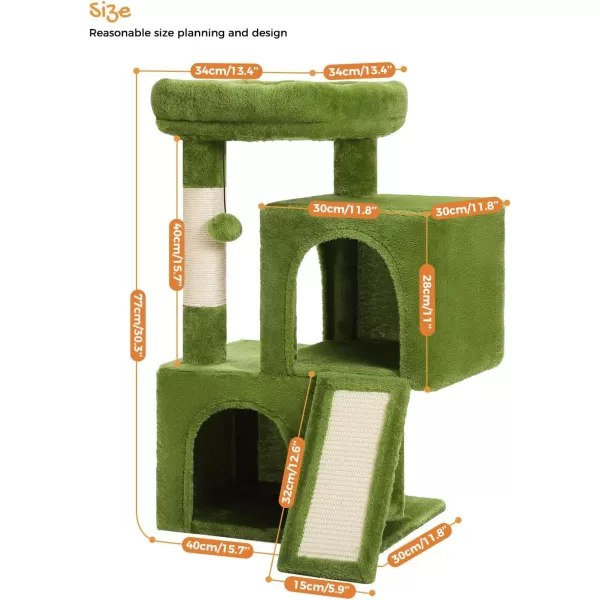 PAWZ Road Cat Tree 30 Inches Cat Tower with Dual Condos for Indoor Cats Plush Cat House with Padded Perch Scratching Ramp and Posts and Replaceable BallsBeigeGreen