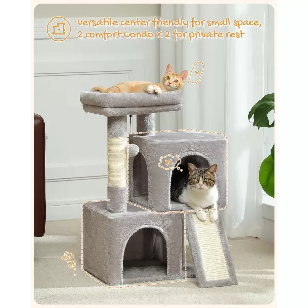 PAWZ Road Cat Tree 30 Inches Cat Tower with Dual Condos for Indoor Cats Plush Cat House with Padded Perch Scratching Ramp and Posts and Replaceable BallsBeigeGray