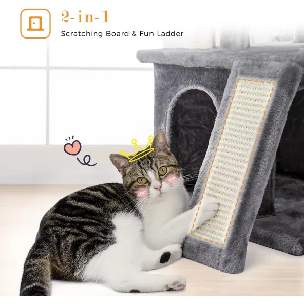 PAWZ Road Cat Tree 30 Inches Cat Tower with Dual Condos for Indoor Cats Plush Cat House with Padded Perch Scratching Ramp and Posts and Replaceable BallsBeigeGray