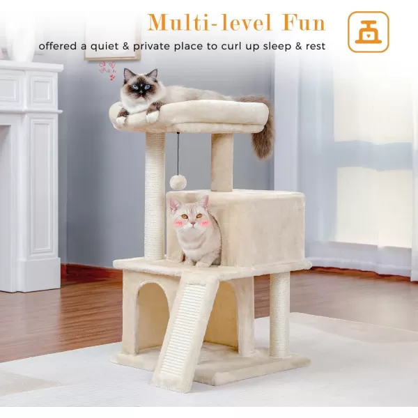 PAWZ Road Cat Tree 30 Inches Cat Tower with Dual Condos for Indoor Cats Plush Cat House with Padded Perch Scratching Ramp and Posts and Replaceable BallsBeigeBeige