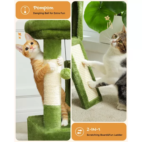 PAWZ Road Cat Tree 30 Inches Cat Tower with Dual Condos for Indoor Cats Plush Cat House with Padded Perch Scratching Ramp and Posts and Replaceable BallsBeigeGreen