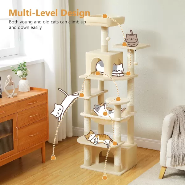 PAWZ Road Cat Tree 535 Inches Tall Cat Tower with Spacious Hammocks Condos and Scratching Posts Cat House with Dual Padded Perches for Indoor Large CatsBeigeBeige