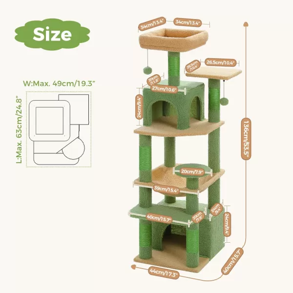 PAWZ Road Cat Tree 535 Inches Tall Cat Tower with Spacious Hammocks Condos and Scratching Posts Cat House with Dual Padded Perches for Indoor Large CatsBeigeGreen