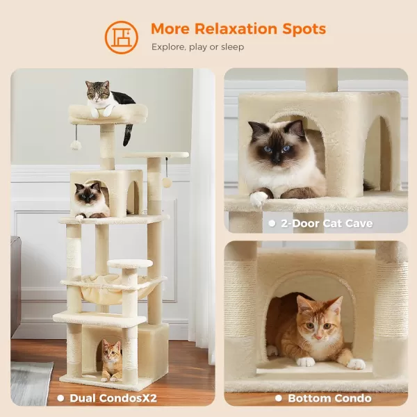 PAWZ Road Cat Tree 535 Inches Tall Cat Tower with Spacious Hammocks Condos and Scratching Posts Cat House with Dual Padded Perches for Indoor Large CatsBeigeBeige