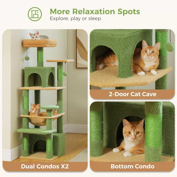 PAWZ Road Cat Tree 535 Inches Tall Cat Tower with Spacious Hammocks Condos and Scratching Posts Cat House with Dual Padded Perches for Indoor Large CatsBeigeGreen