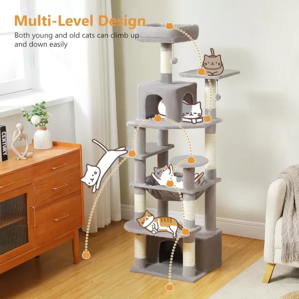 PAWZ Road Cat Tree 535 Inches Tall Cat Tower with Spacious Hammocks Condos and Scratching Posts Cat House with Dual Padded Perches for Indoor Large CatsBeigeGray