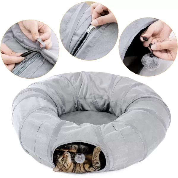 PAWZ Road Large Cat Tunnel Cat Tunnel Bed with Central Soft Mat and Dangling Balls Collapsible Fluffy Plush Cat Tube 98 Inches in Diameter for Indoor Cats Rabbits and PuppiesSuede