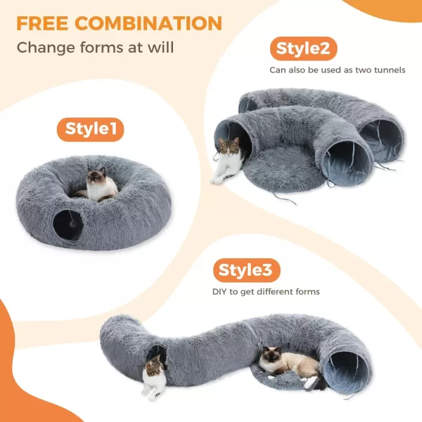 PAWZ Road Large Cat Tunnel Cat Tunnel Bed with Central Soft Mat and Dangling Balls Collapsible Fluffy Plush Cat Tube 98 Inches in Diameter for Indoor Cats Rabbits and PuppiesLong Plush