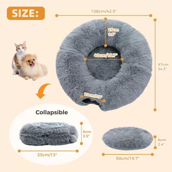 PAWZ Road Large Cat Tunnel Cat Tunnel Bed with Central Soft Mat and Dangling Balls Collapsible Fluffy Plush Cat Tube 98 Inches in Diameter for Indoor Cats Rabbits and PuppiesLong Plush