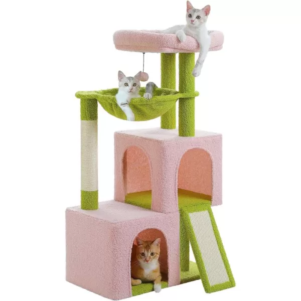 PAWZ Road Cat Tree 30 Inches Cat Tower with Dual Condos for Indoor Cats Plush Cat House with Padded Perch Scratching Ramp and Posts and Replaceable BallsBeigePink