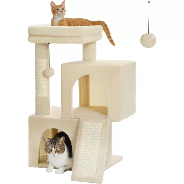 PAWZ Road Cat Tree 30 Inches Cat Tower with Dual Condos for Indoor Cats Plush Cat House with Padded Perch Scratching Ramp and Posts and Replaceable BallsBeigeBeige