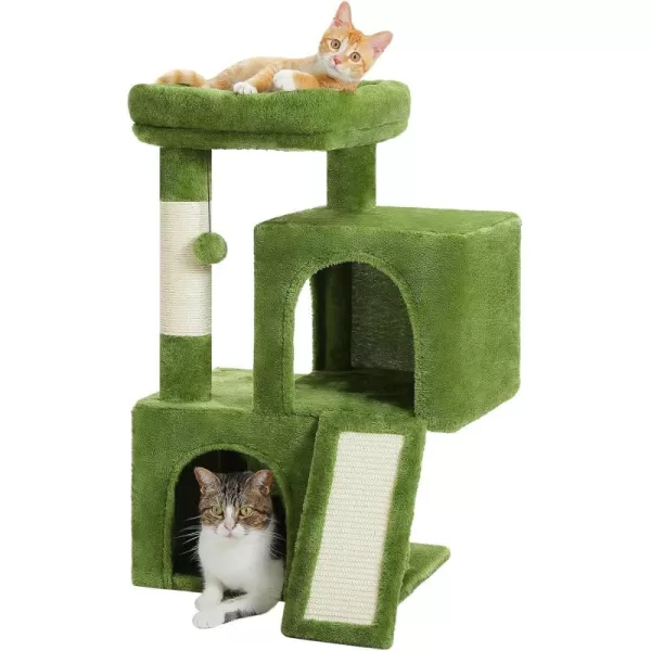 PAWZ Road Cat Tree 30 Inches Cat Tower with Dual Condos for Indoor Cats Plush Cat House with Padded Perch Scratching Ramp and Posts and Replaceable BallsBeigeGreen