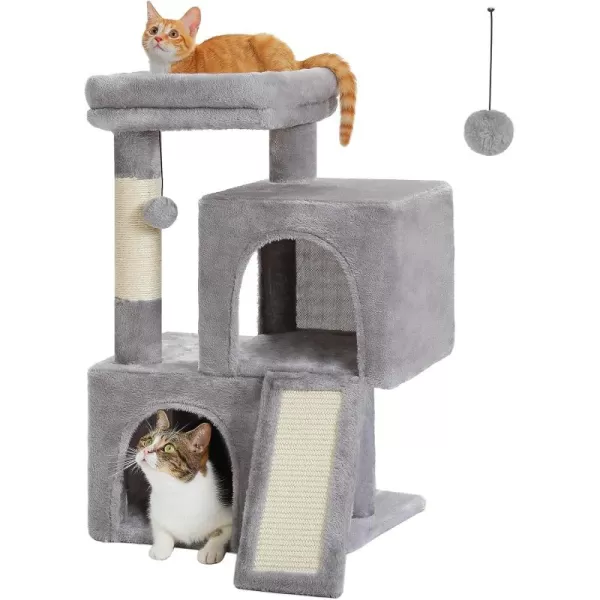 PAWZ Road Cat Tree 30 Inches Cat Tower with Dual Condos for Indoor Cats Plush Cat House with Padded Perch Scratching Ramp and Posts and Replaceable BallsBeigeGray