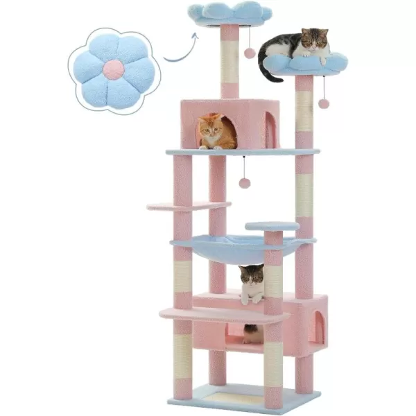 PAWZ Road Cat Tree 535 Inches Tall Cat Tower with Spacious Hammocks Condos and Scratching Posts Cat House with Dual Padded Perches for Indoor Large CatsBeigeBlue