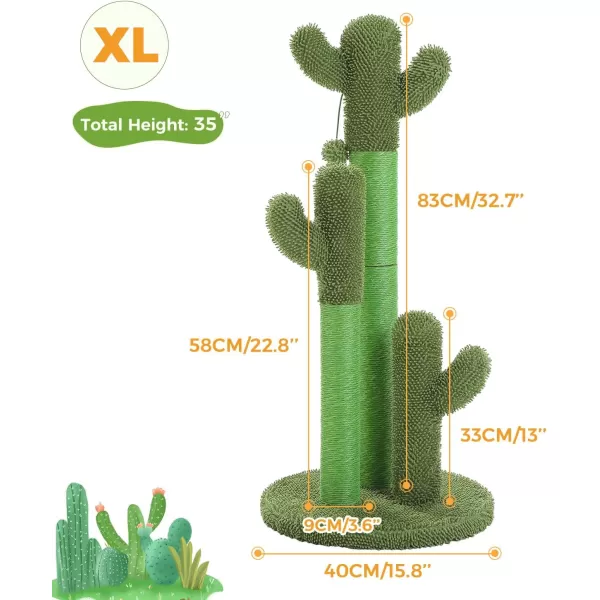 PAWZ Road Cat Scratching Post Cactus Cat Scratcher Featuring with 3 Scratching Poles and Interactive Dangling Ball Medium 23 InchesGreen