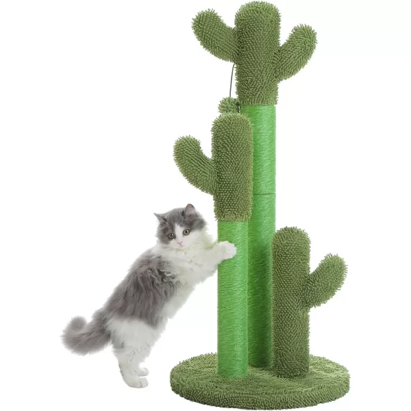 PAWZ Road Cat Scratching Post Cactus Cat Scratcher Featuring with 3 Scratching Poles and Interactive Dangling Ball Medium 23 InchesGreen