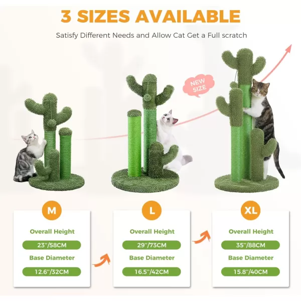 PAWZ Road Cat Scratching Post Cactus Cat Scratcher Featuring with 3 Scratching Poles and Interactive Dangling Ball Medium 23 InchesGreen