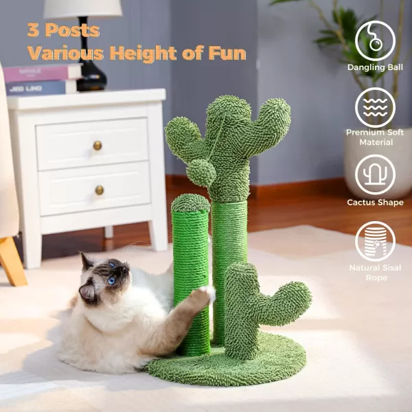 PAWZ Road Cat Scratching Post Cactus Cat Scratcher Featuring with 3 Scratching Poles and Interactive Dangling Ball Medium 23 InchesGreen