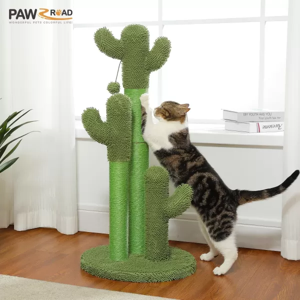 PAWZ Road Cat Scratching Post Cactus Cat Scratcher Featuring with 3 Scratching Poles and Interactive Dangling Ball Medium 23 InchesGreen