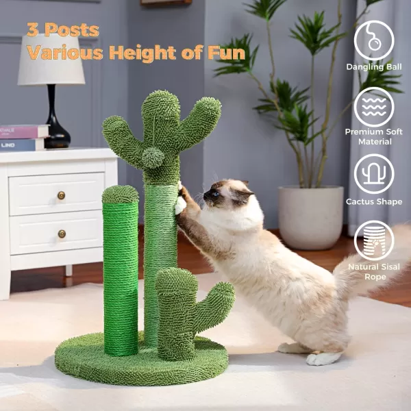 PAWZ Road Cat Scratching Post Cactus Cat Scratcher Featuring with 3 Scratching Poles and Interactive Dangling Ball Medium 23 InchesGreen