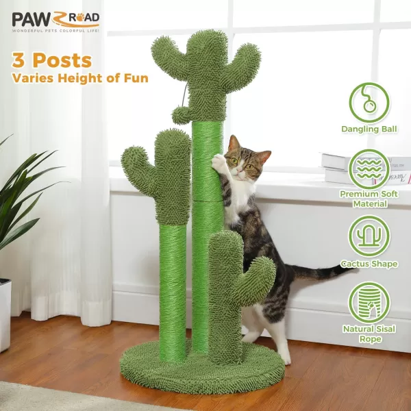 PAWZ Road Cat Scratching Post Cactus Cat Scratcher Featuring with 3 Scratching Poles and Interactive Dangling Ball Medium 23 InchesGreen