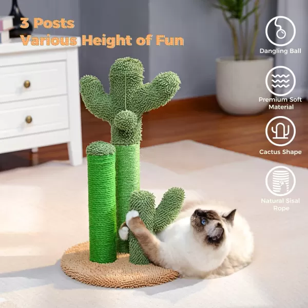 PAWZ Road Cat Scratching Post Cactus Cat Scratcher Featuring with 3 Scratching Poles and Interactive Dangling Ball Medium 23 InchesKhaki