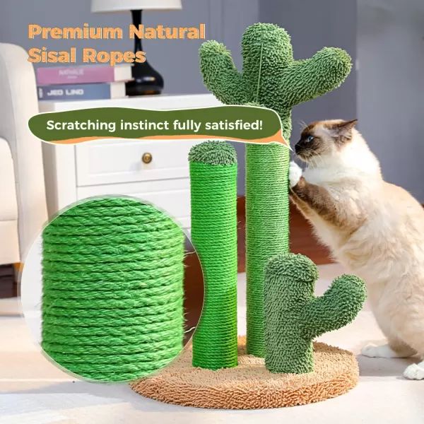 PAWZ Road Cat Scratching Post Cactus Cat Scratcher Featuring with 3 Scratching Poles and Interactive Dangling Ball Medium 23 InchesKhaki