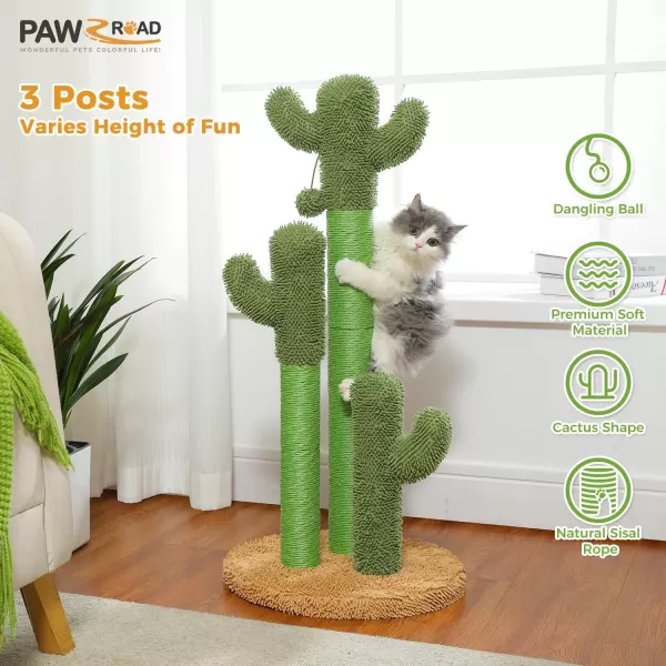 PAWZ Road Cat Scratching Post Cactus Cat Scratcher Featuring with 3 Scratching Poles and Interactive Dangling Ball Medium 23 InchesKhaki