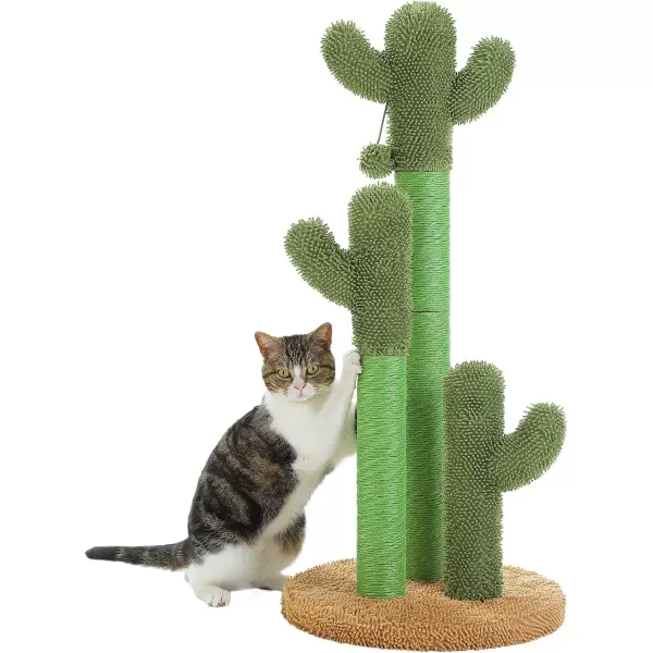 PAWZ Road Cat Scratching Post Cactus Cat Scratcher Featuring with 3 Scratching Poles and Interactive Dangling Ball Medium 23 InchesKhaki